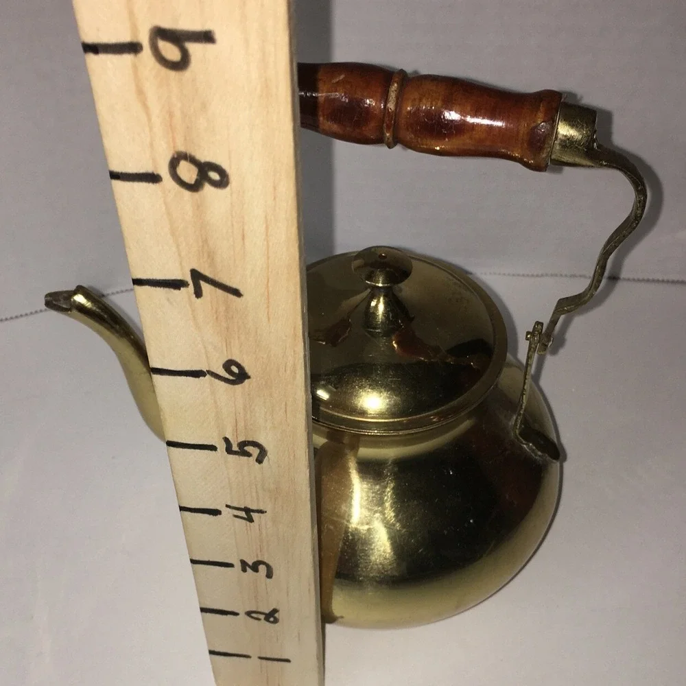 Vintage Decorative Use Only Collectible Brass Finish Tea Kettle With Wood Handle